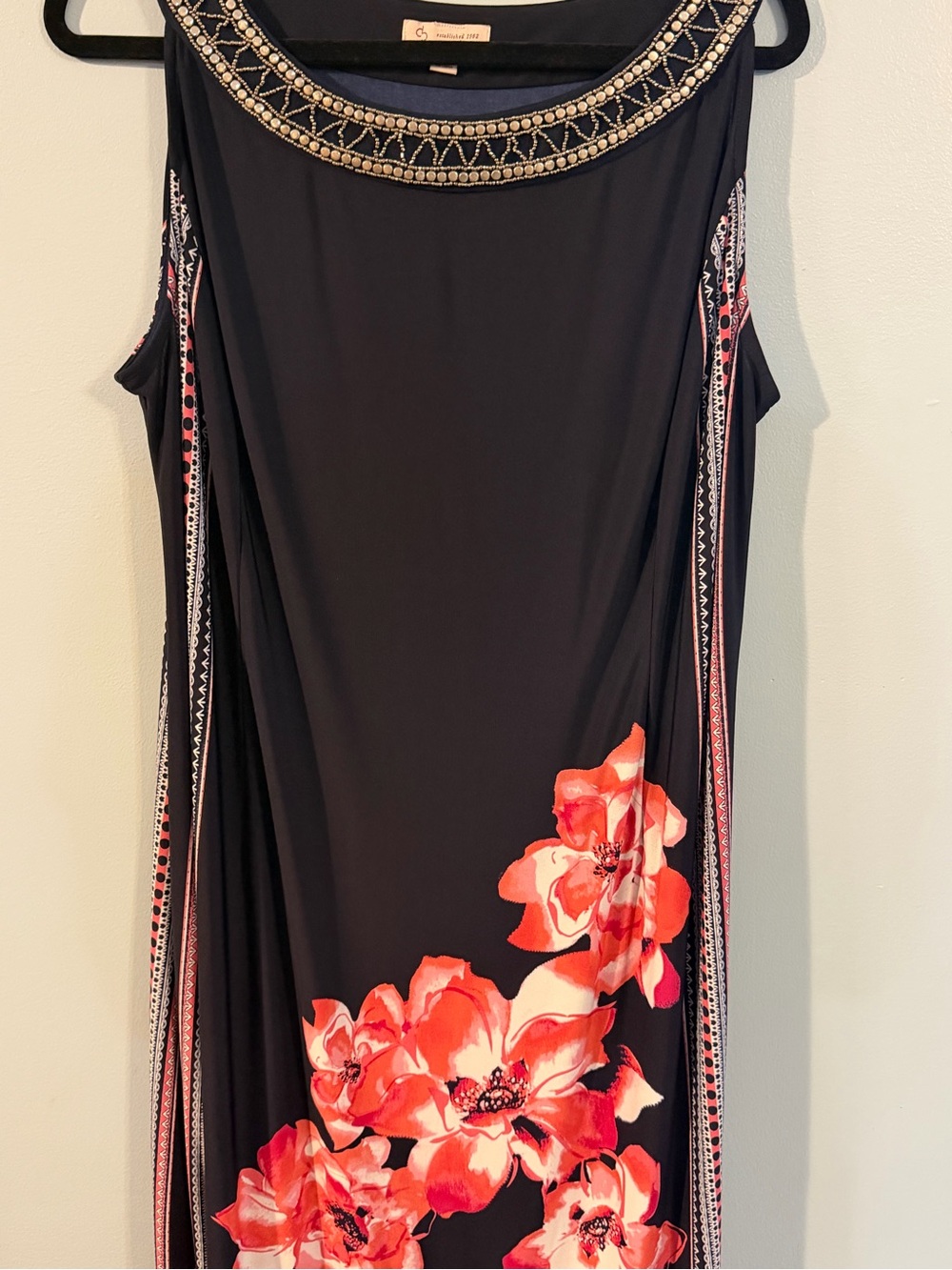 Dress Barn Black Midi Dress with Coral Floral Print and Embellished Neckline
